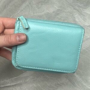 Compact Mint Blue Leather Zip Wallet - Women